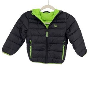 Hawke & Co Sport Packable Puffer Jacket Black Neon Green Hooded Size 4 Boys‎